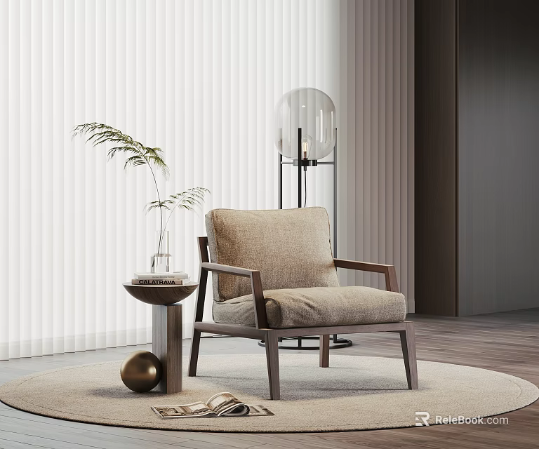 Modern Leisure Chair With Light Brown Fabric Wooden Armrests Round Rug And Green Plant 3d model 