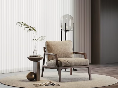 Modern Leisure Chair With Light Brown Fabric Wooden Armrests Round Rug And Green Plant 3d model