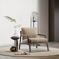 Modern Leisure Chair With Light Brown Fabric Wooden Armrests Round Rug And Green Plant