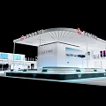 Modern Exhibition Booth Design With Open Layout Red Seats Display Screens And Circular Counter