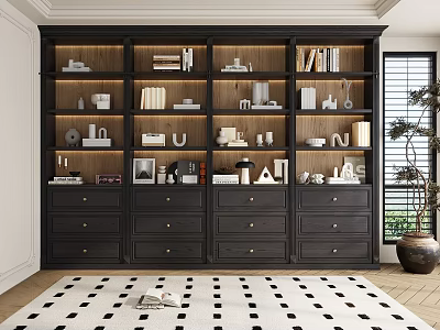 Elegant Dark Wood Bookcase With Multiple Shelves Drawers Books And Decorative Items 3d model