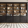 Elegant Dark Wood Bookcase With Multiple Shelves Drawers Books And Decorative Items