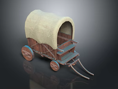 Vintage Wooden Wagon With Woven Beige Canopy Brown Wheels and Hitch Poles Design 3d model