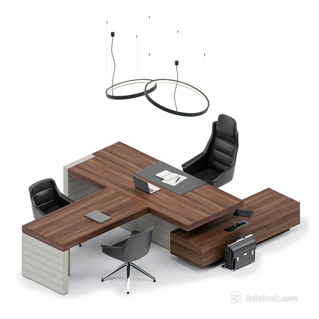 Modern Office Desk And Chair Combination With Wooden Brown Table And Black Chairs 3d model 