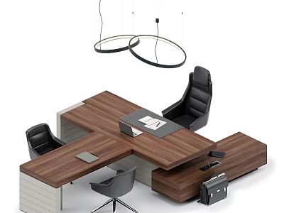 Modern Office Desk And Chair Combination With Wooden Brown Table And Black Chairs 3d model