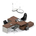 Modern Office Desk And Chair Combination With Wooden Brown Table And Black Chairs