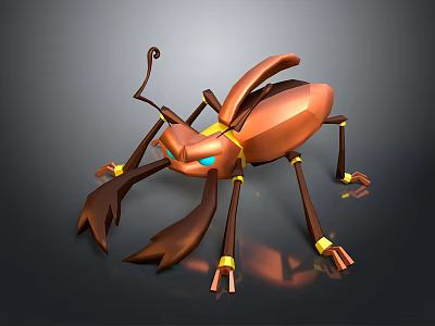 3D Copper Colored Beetle Model With Glowing Blue Eyes And Yellow Joints 3d model