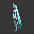 Fantasy Elven Female Character with Green Hair Elf Ears Blue Dress and Blue Accent Staff