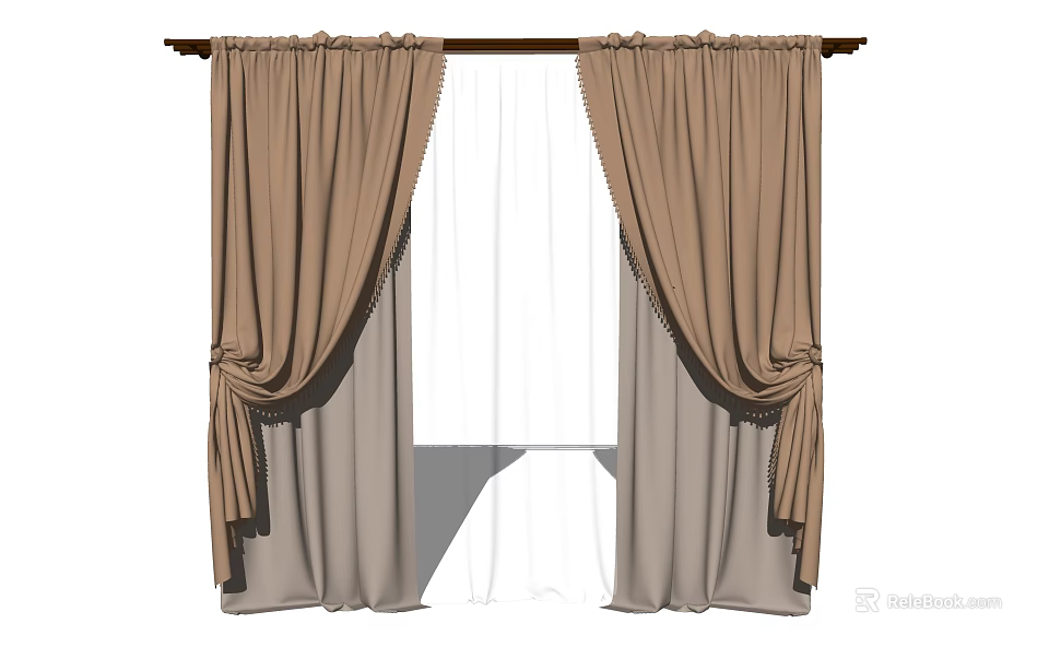 Elegant Layered Curtains Brown Drapes With White Sheer Inner Layer Decorative Tiebacks And Rod Installation 3d model 
