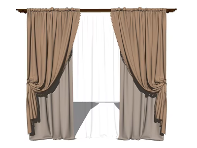 Elegant Layered Curtains Brown Drapes With White Sheer Inner Layer Decorative Tiebacks And Rod Installation 3d model