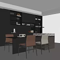 Modern Restaurant Interior With Black Cabinets Dining Table Chairs And Marble Countertop