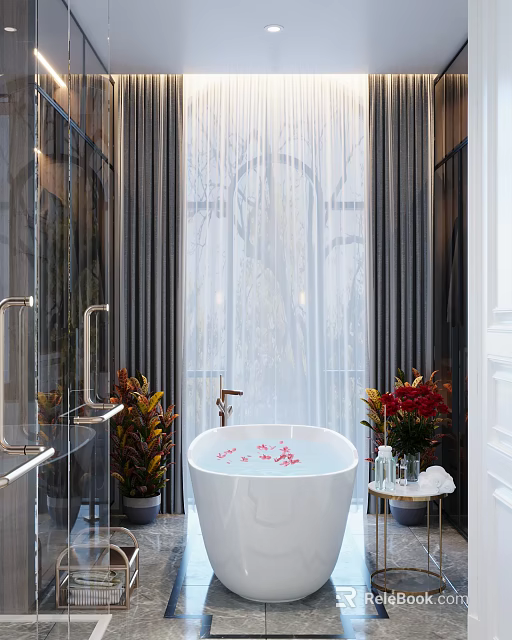Luxury Cozy Bathroom Interior With Freestanding Bathtub Green Plants And Romantic Relaxing Petal Bath 3d model 