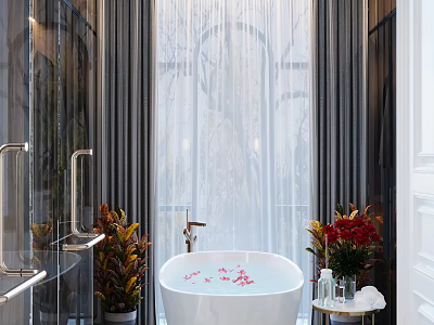 Luxury Cozy Bathroom Interior With Freestanding Bathtub Green Plants And Romantic Relaxing Petal Bath 3d model