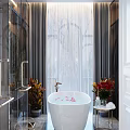 Luxury Cozy Bathroom Interior With Freestanding Bathtub Green Plants And Romantic Relaxing Petal Bath