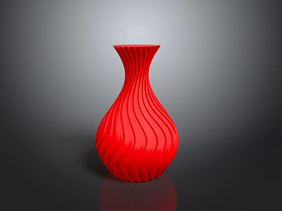Elegant Red Sculpted Vase with Intricate Wavy Carving Patterns and Glossy Texture 3d model