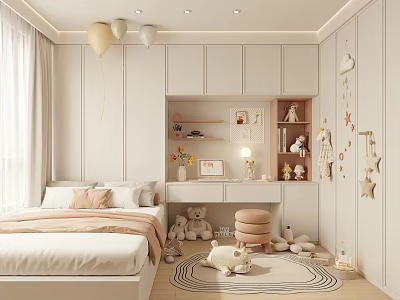 Cozy Kids Room Interior Design With White Walls Cabinets Desk Stuffed Toys Balloons And Rug 3d model