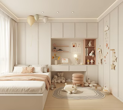 Cozy Kids Room Interior Design With White Walls Cabinets Desk Stuffed Toys Balloons And Rug 3d model