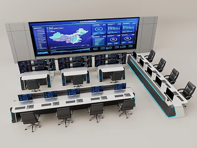 Control Room Functional Desks With Multiple Screens Ergonomic Chairs And Data Displays 3d model