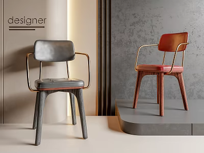Modern Gray and Red Dining Chairs with Leather Seats Metal Frames and Wooden Legs 3d model