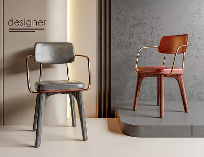Modern Gray and Red Dining Chairs with Leather Seats Metal Frames and Wooden Legs 3d model