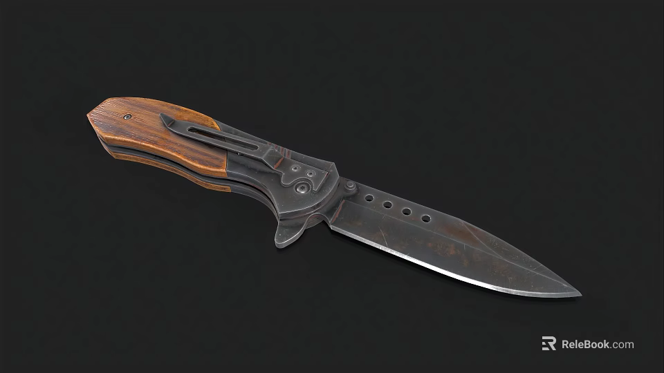 Tactical Knife With Wooden Grip And Distressed Metal Blade With Holes 3d model 
