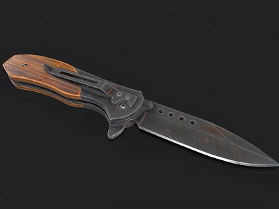 Tactical Knife With Wooden Grip And Distressed Metal Blade With Holes 3d model