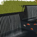 Stunning Garden Water Fountain With Cascading Waterfalls Koi Fish And Green Shrubs