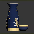 Blue Gold Decorative Vase with Crane Star Patterns and Matching Bowls