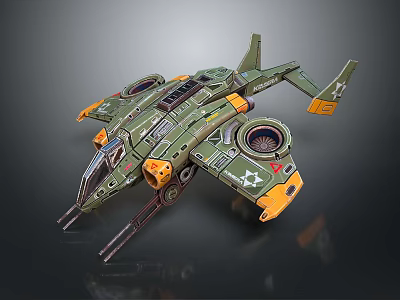 Green and Yellow Sci Fi Spaceship Model With Engines Weapons and Design Details 3d model
