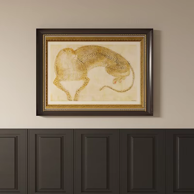Abstract Painting With Black Border Gold Trim Cheetah Like Figure Light Background Dark Paneled Wall 3d model