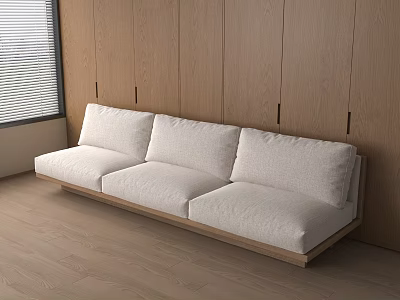 White Fabric Three Seater Sofa With Wooden Frame Against Wooden Wall And Window 3d model