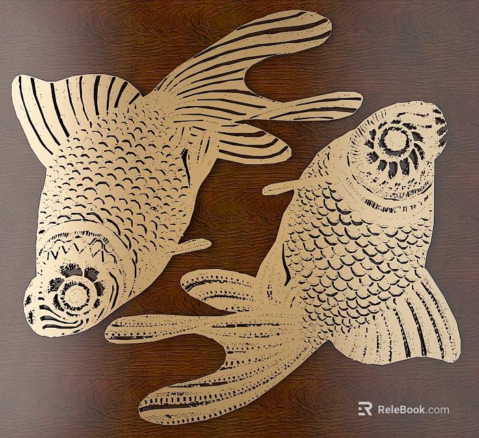 Intricate Carved Fish Artwork With Detailed Scales And Fins On Wooden Surface 3d model 