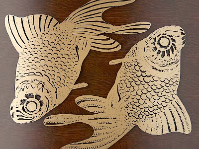Intricate Carved Fish Artwork With Detailed Scales And Fins On Wooden Surface 3d model
