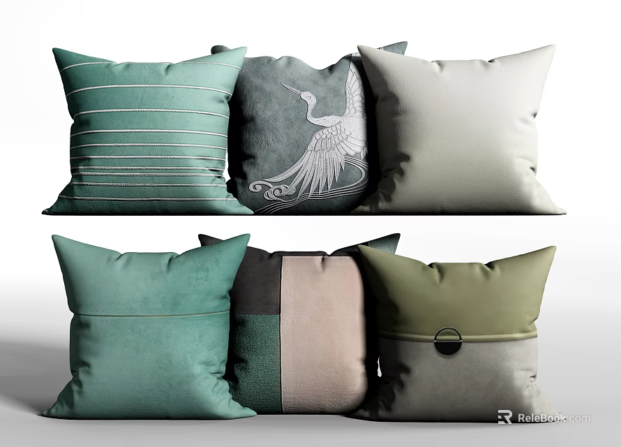 Decorative Teal Gray Beige Green Throw Pillows with Striped Crane Pattern Patchwork and Ring Detail 3d model