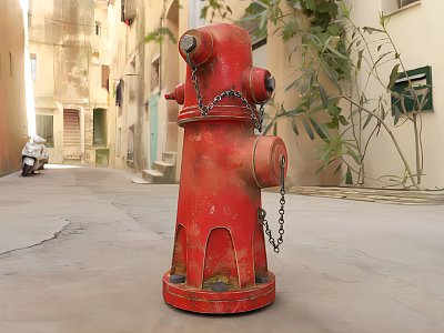 Red Fire Hydrant Standing In Urban Alleyway With Surrounding Buildings And Plants 3d model