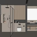 Modern Bathroom Interior With Glass Shower Wall Mounted Toilet Black Countertop Vanity And Wooden Cabinets