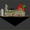 Cartoon Scene with Red House Tower Fence Garden Sheep and Green Plants