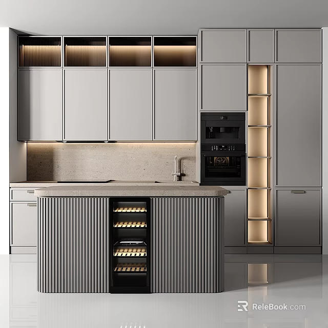 Sleek Modern Kitchen Interior With Island Wine Storage Built-in Oven And Gray Cabinets 3d model 
