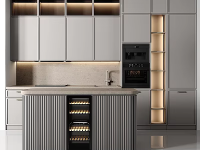 Sleek Modern Kitchen Interior With Island Wine Storage Built-in Oven And Gray Cabinets 3d model