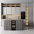 Sleek Modern Kitchen Interior With Island Wine Storage Built-in Oven And Gray Cabinets