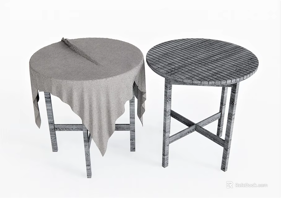 Two Round Dining Tables One With Gray Tablecloth Another Grid Patterned Tabletop And Crossed Legs 3d model 