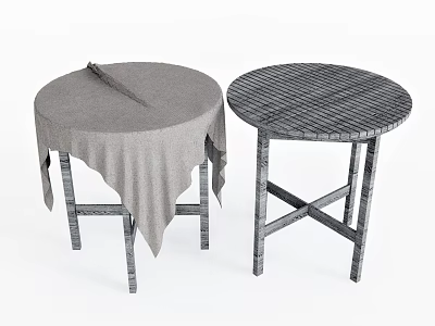 Two Round Dining Tables One With Gray Tablecloth Another Grid Patterned Tabletop And Crossed Legs 3d model