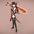 Eastern Female Warrior with Fire Spirit Companion in Red Black Golden Outfit Holding Flaming Sword