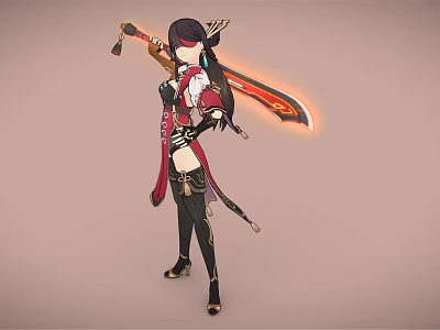 Eastern Female Warrior with Fire Spirit Companion in Red Black Golden Outfit Holding Flaming Sword 3d model