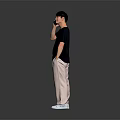 A Man Talking on Phone in Black T-Shirt Beige Pants White Shoes Against Grey Background 3d model
