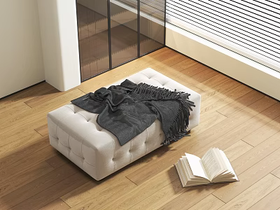 White Tufted Ottoman With Black Blanket And Open Book Near Window Blinds On Wooden Floor 3d model
