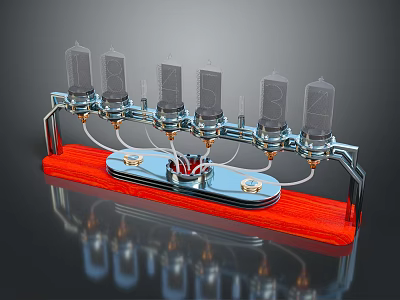 Stylish Vacuum Tube Clock Featuring Multiple Tubes On Red Wooden Base And Metal Frame 3d model