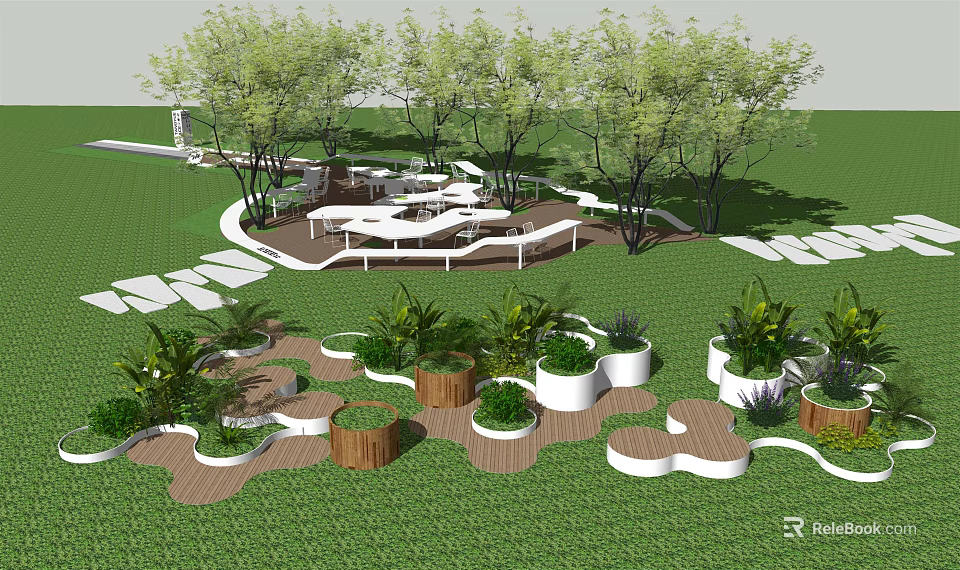 Tree Pits Landscape Design With Grass Wooden Paths And Green Plants 3d model 