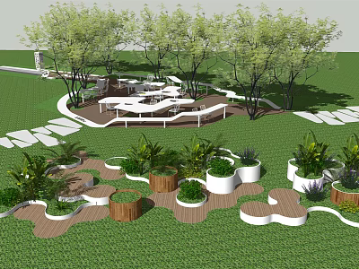 Tree Pits Landscape Design With Grass Wooden Paths And Green Plants 3d model