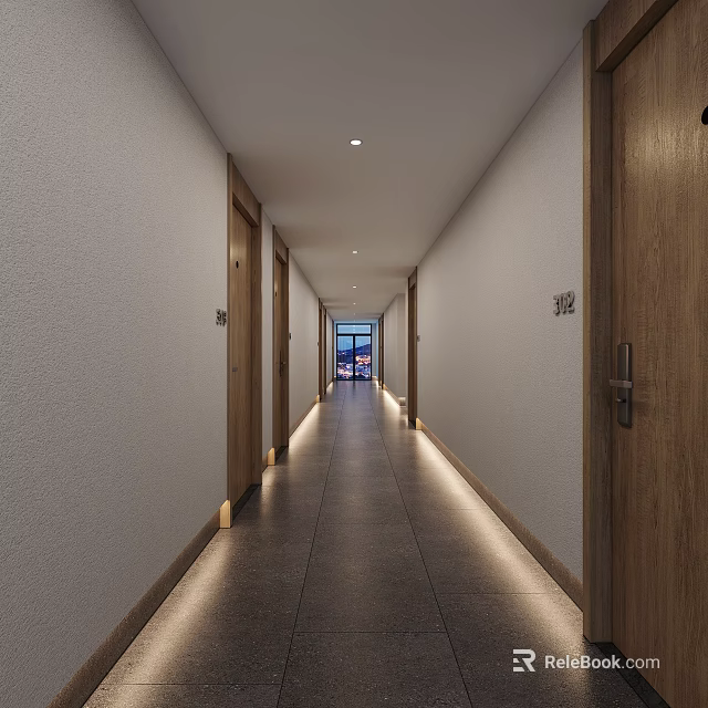 Modern Hotel Corridor With Wooden Doors Room Numbers Gray Floor And White Walls 3d model 